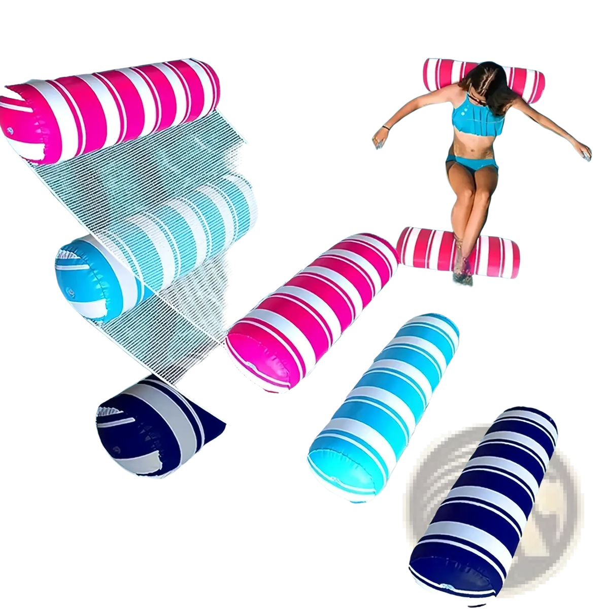 Inflatable pool float mesh water hammock with striped pink blue and navy cylindrical pillows on mesh net material