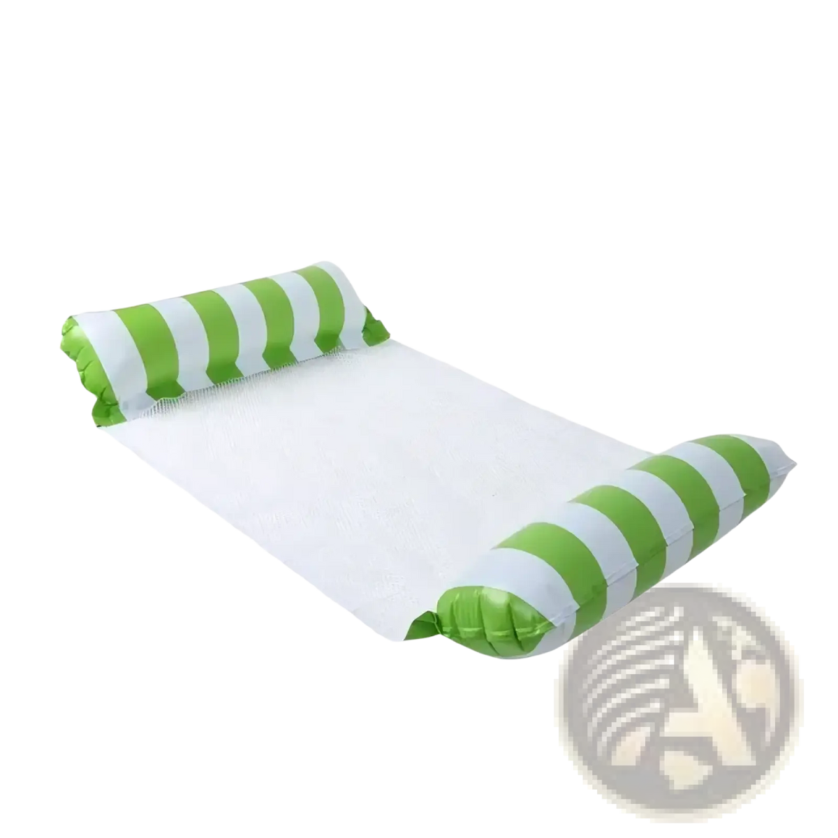Inflatable pool float mesh water hammock in green and white stripes with a mesh center for water relaxation