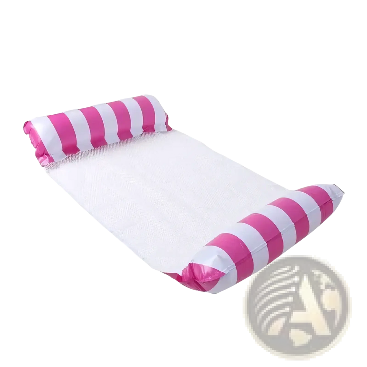 Inflatable pool float mesh water hammock with pink and white stripes and a mesh center for relaxing in water