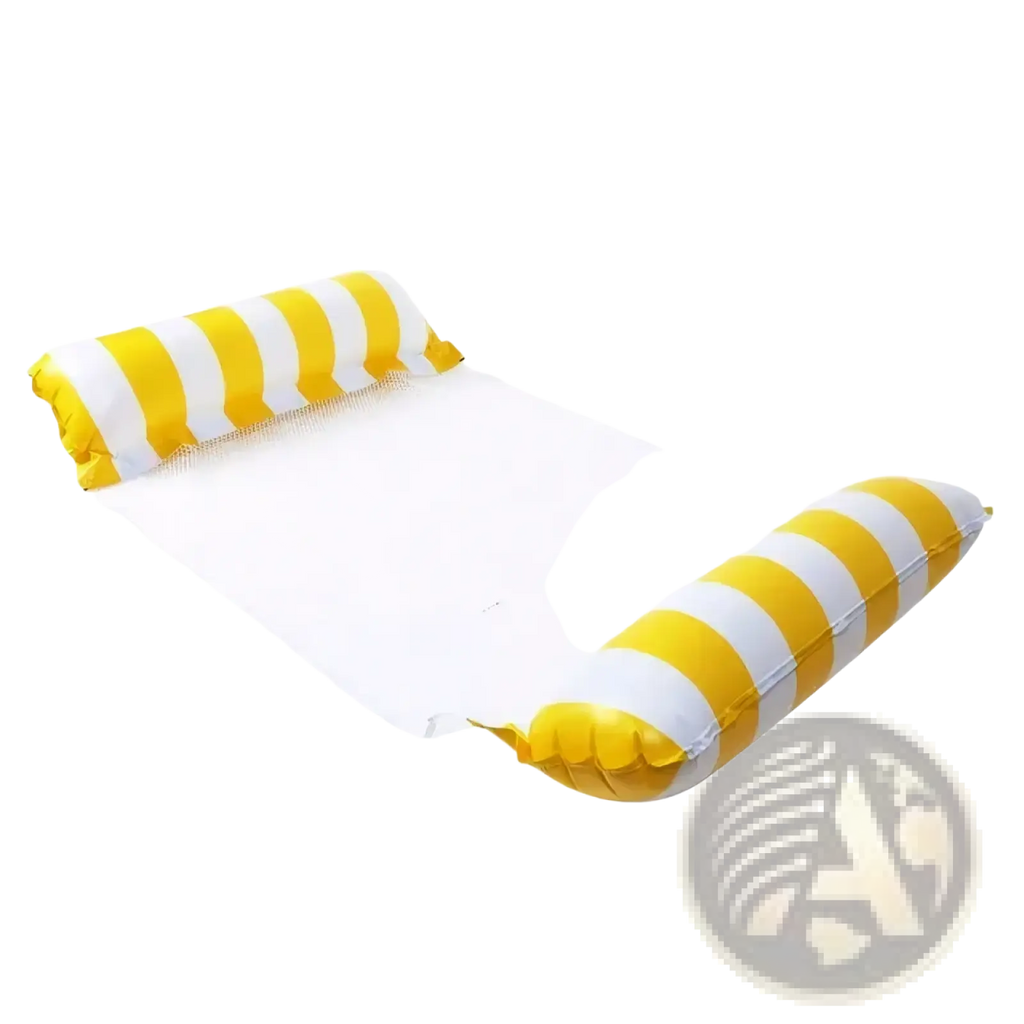 Inflatable pool float mesh water hammock with yellow and white stripes and mesh center for water relaxation
