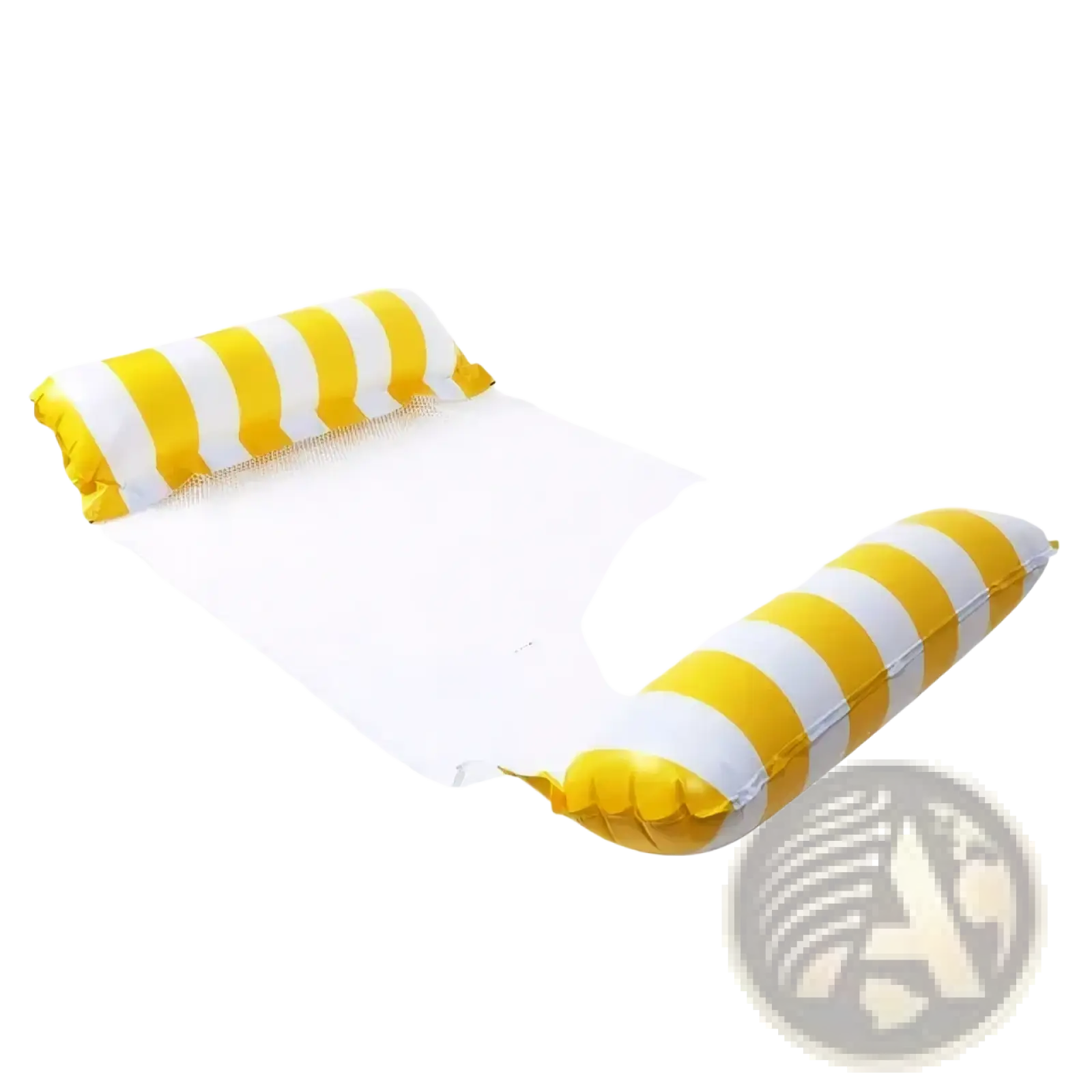 Inflatable pool float mesh water hammock with yellow and white stripes and mesh center for water relaxation