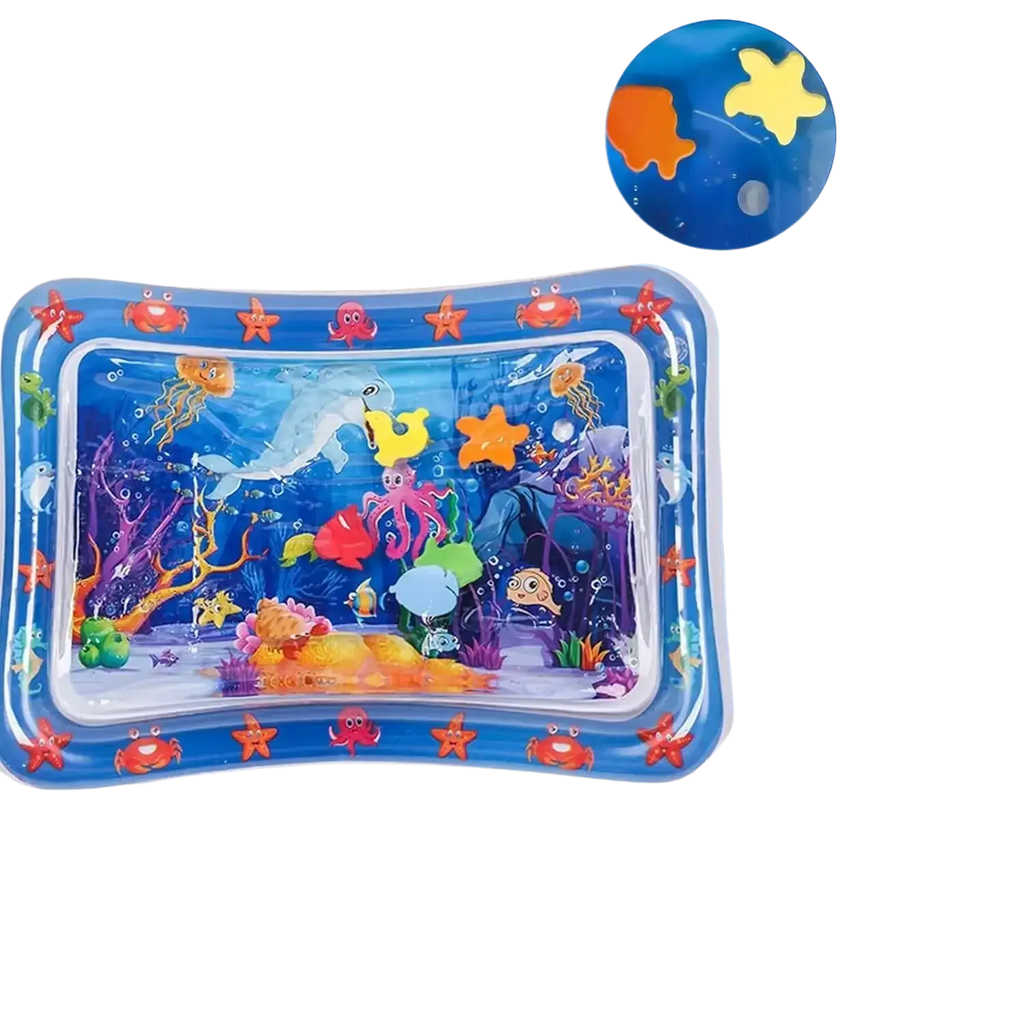 Blue inflatable water mat with colorful ocean-themed cartoon fish octopuses and starfish for pet play use