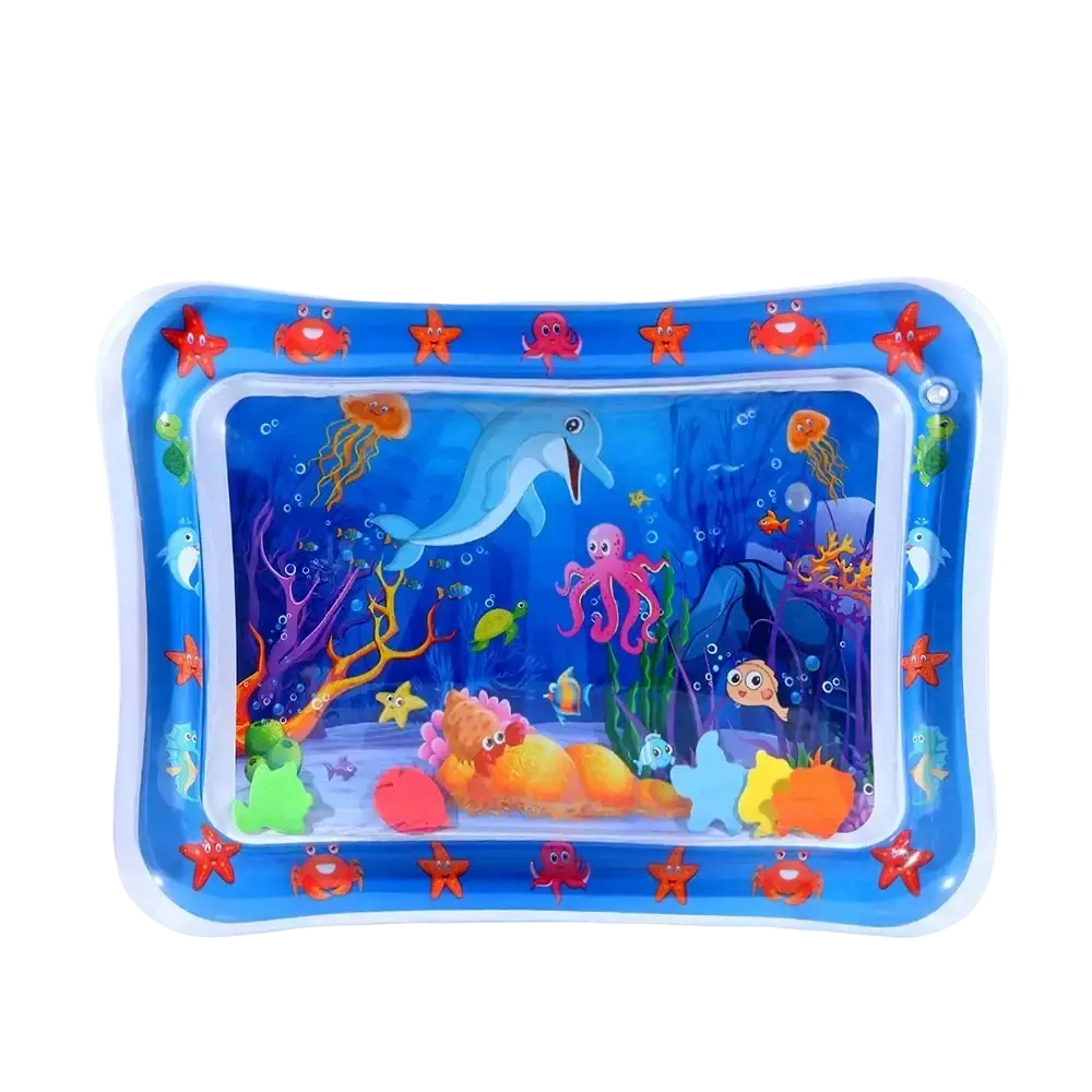 Blue inflatable water mat featuring a vibrant underwater scene with dolphins and crabs for pet play