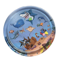 Circular inflatable water mat with a colorful ocean scene featuring cartoon sharks whales fish and an underwater shipwreck
