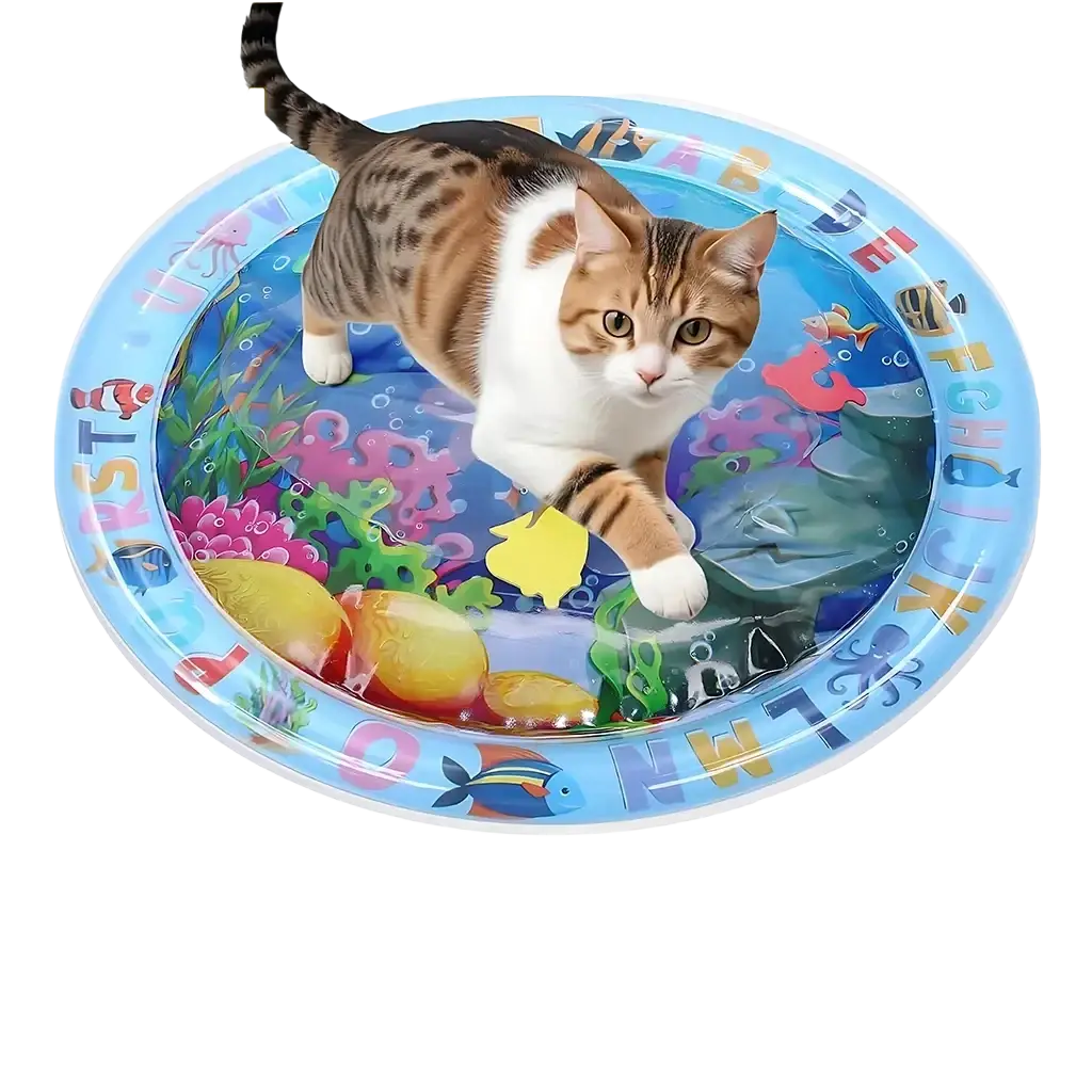 Colorful inflatable water mat ocean theme play mat with vibrant aquatic designs featuring a cat inside and floating toys