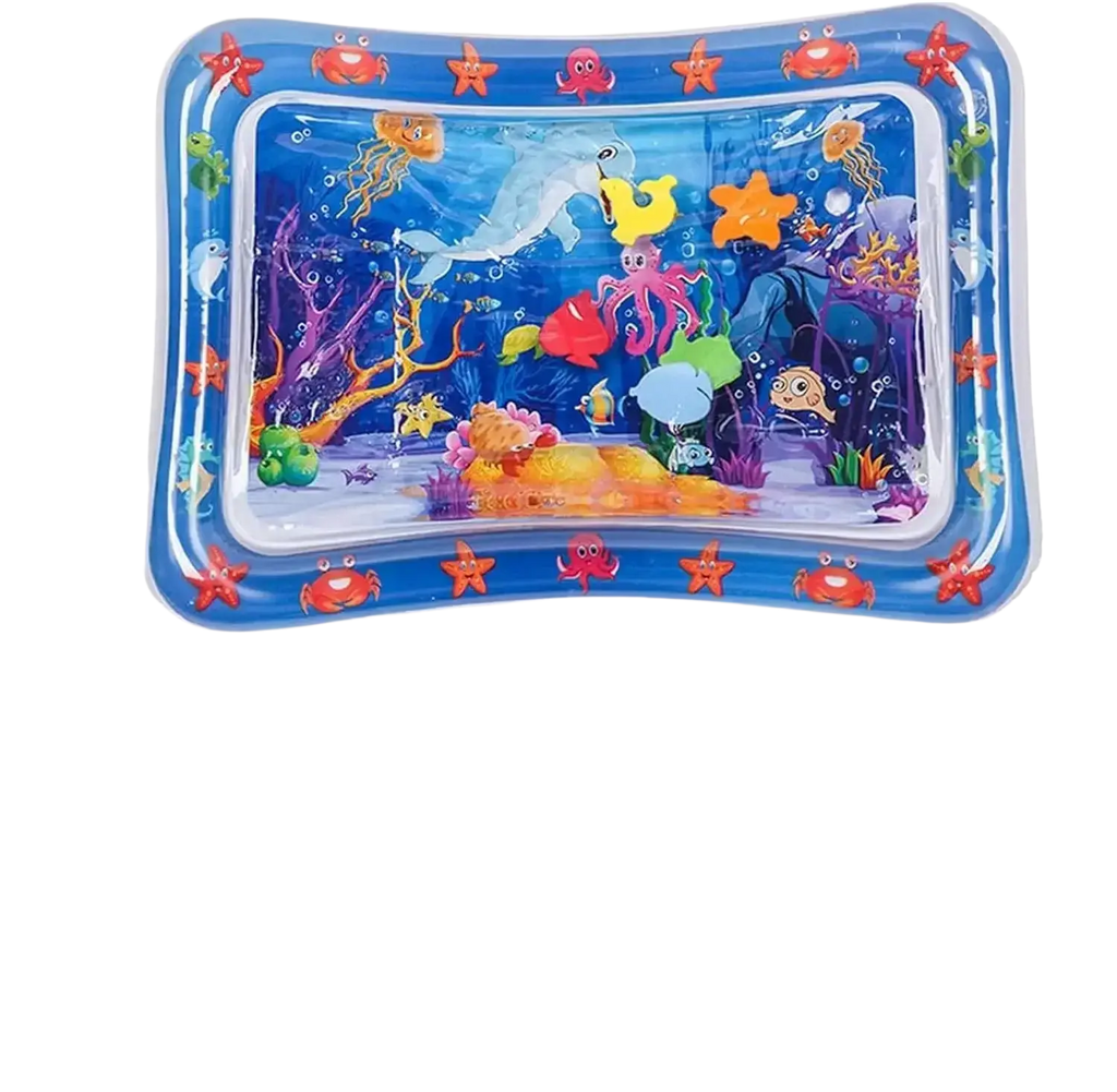 Inflatable water mat ocean theme featuring colorful sea creatures and coral designs in vibrant blue purple orange and green