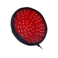 Infrared led hair growth therapy baseball cap with red circular led scalp treatment and black fabric border with white lights