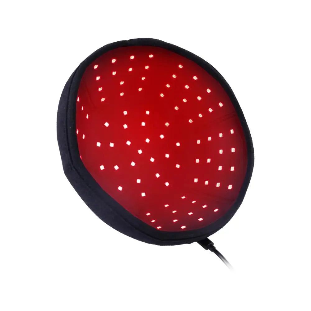 Infrared led hair growth therapy baseball cap with red circular led scalp treatment and black fabric border with white lights
