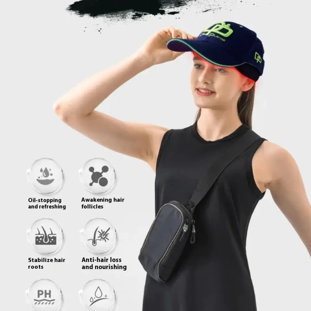 Navy blue infrared LED hair growth therapy baseball cap with neon green logo and trim for hair care treatment