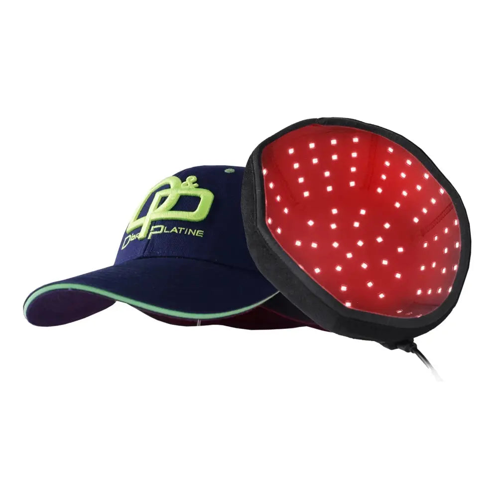 Navy blue baseball cap with lime green logo and red led light panel for infrared led hair growth therapy
