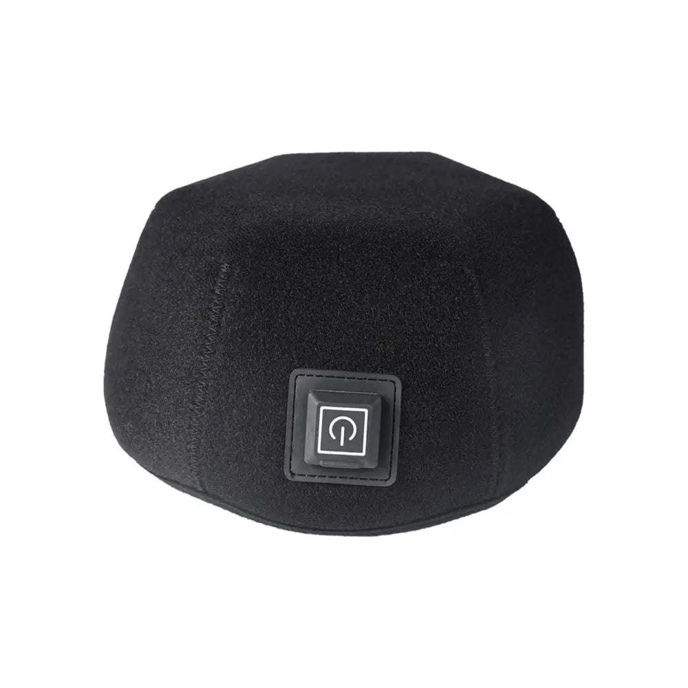 Black fuzzy fabric heated headband with a square power button for infrared led hair growth therapy baseball cap