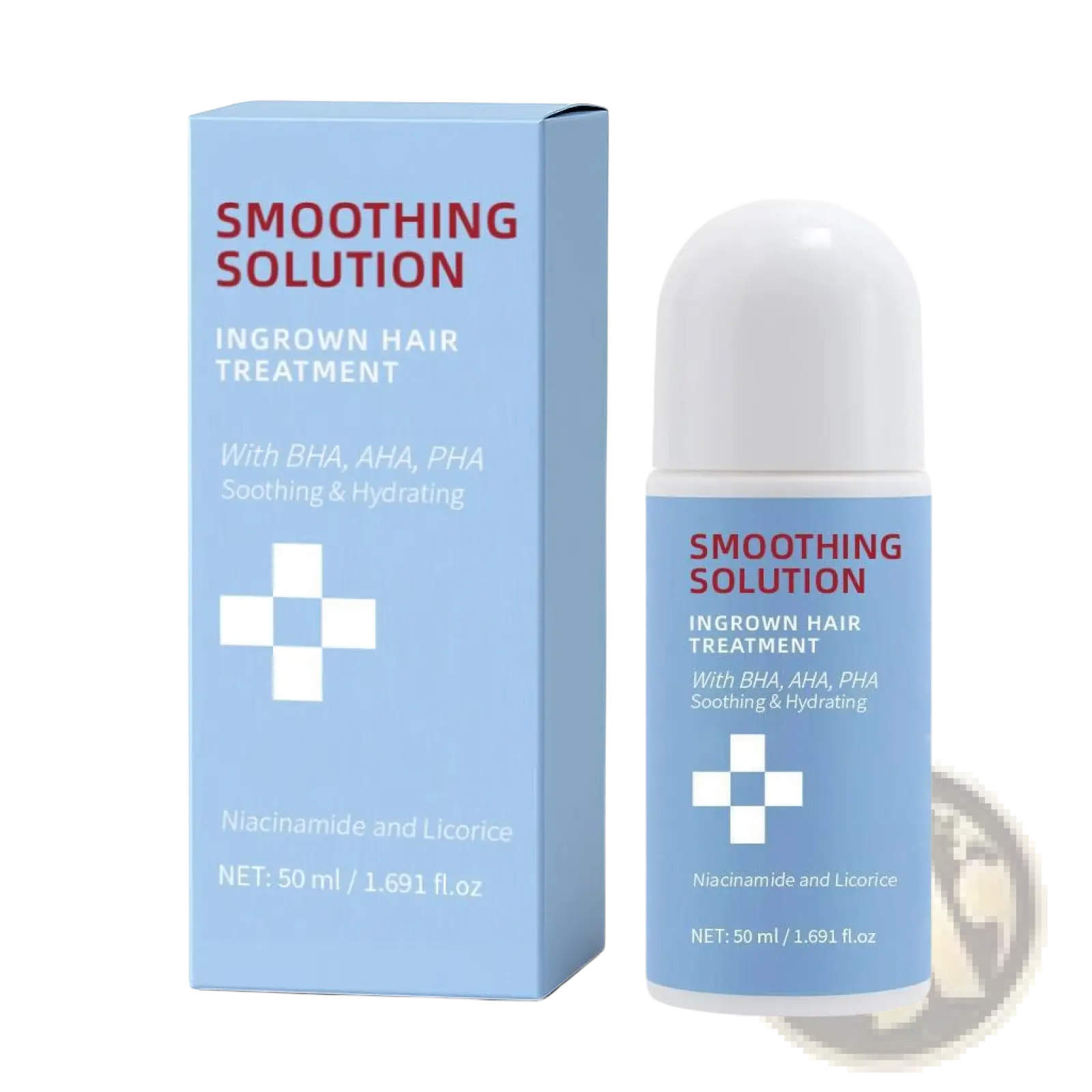 Light blue roll-on bottle of ingrown hair treatment smoothing repair spray 50ml with white cap and red text label