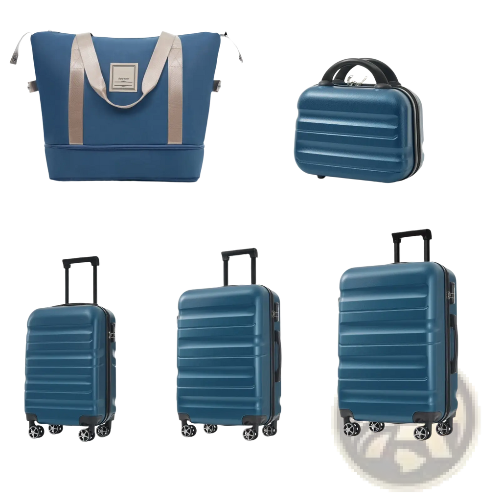 Inky blue 12 piece abs hardshell luggage set with various sized suitcases featuring ribbed design and spinner wheels