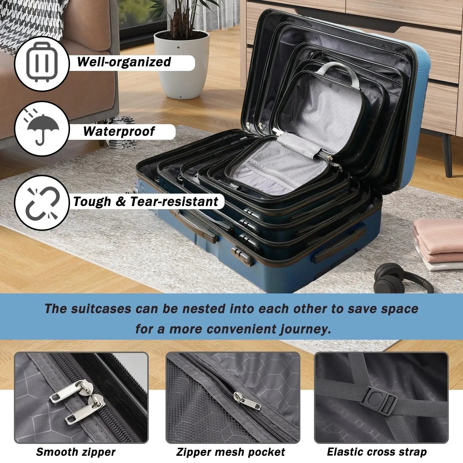 Inky blue abs hardshell suitcase with nested compartments and black interior lining from 12 piece luggage set