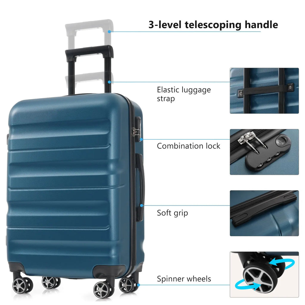 Inky blue abs hardshell suitcase with 3-level telescoping handle elastic strap combination lock and spinner wheels