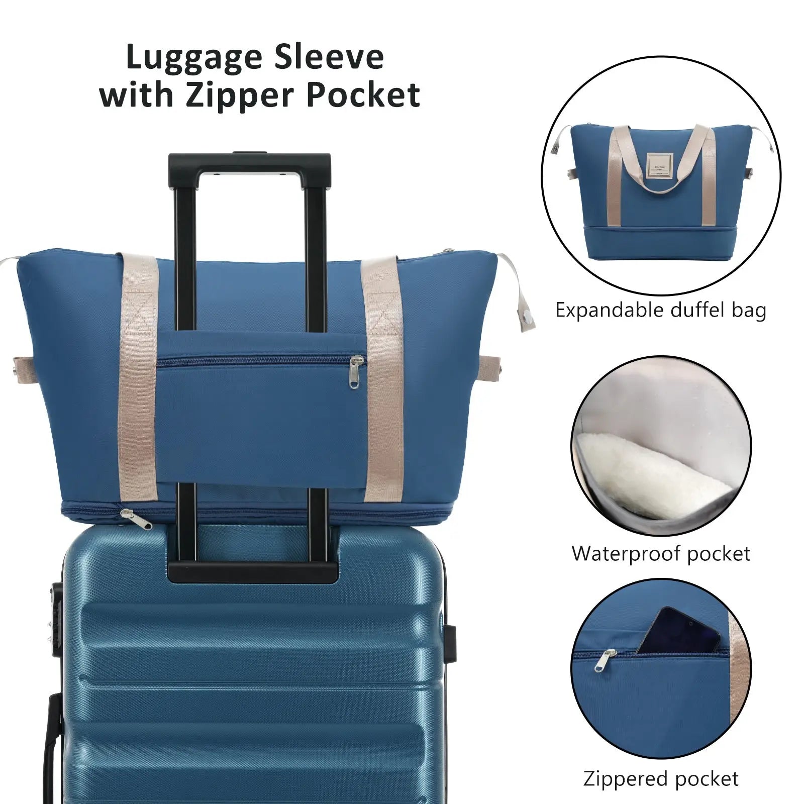 Inky blue expandable duffel bag with beige straps and zipper pocket from 12 piece abs hardshell luggage set with spinner wheels