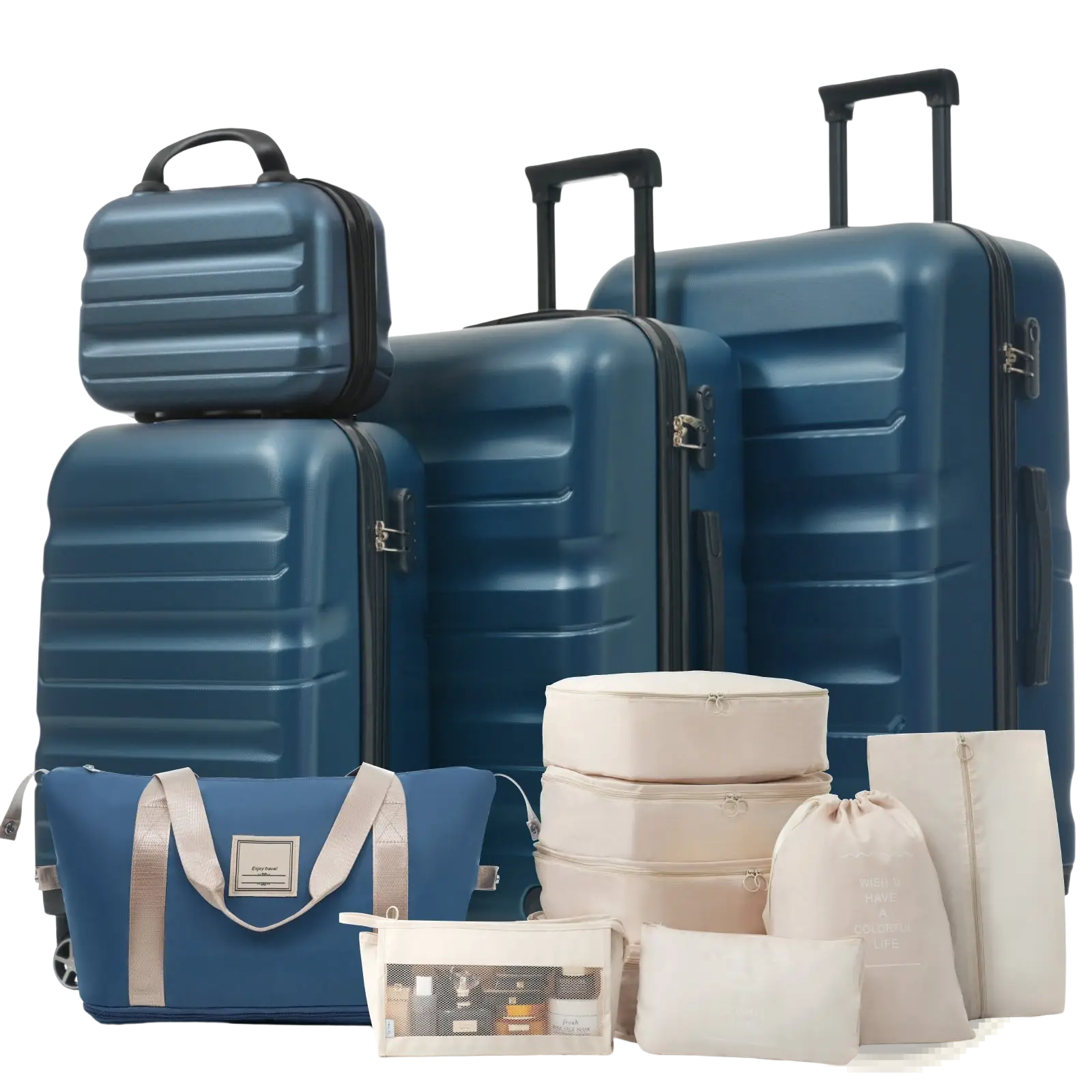 Set of navy blue abs hardshell luggage with spinner wheels and matching beige and clear travel organizers