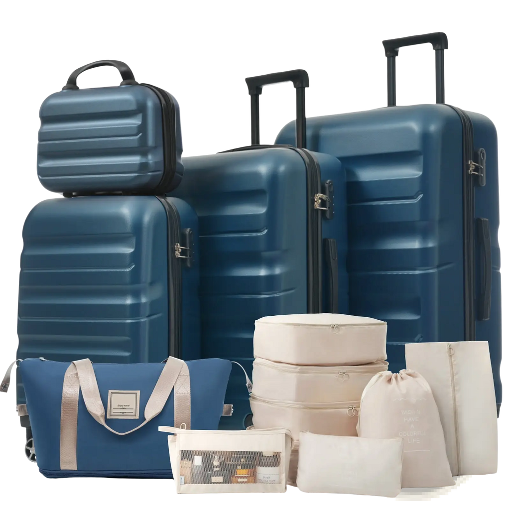 Set of navy blue abs hardshell luggage with spinner wheels and matching beige and clear travel organizers