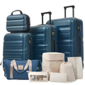 Set of navy blue abs hardshell luggage with spinner wheels and matching beige and clear travel organizers