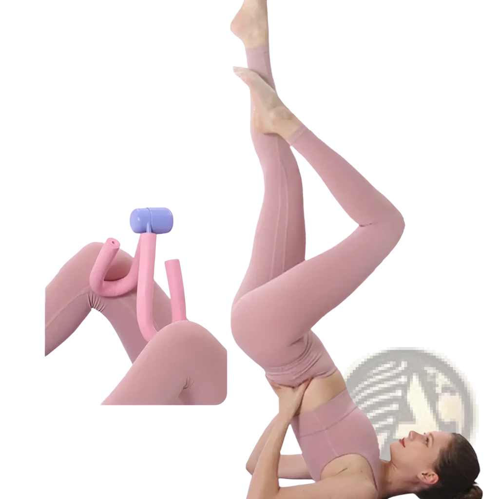 Pink and blue silicone inner thigh and pelvic floor leg trainer designed for gluteal stretching and strengthening