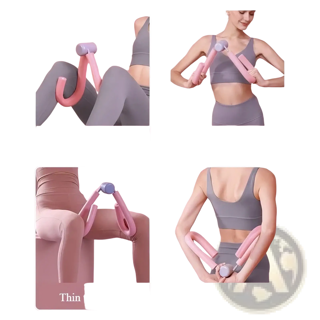 Inner thigh and pelvic floor leg trainer in pink and gray plastic with curved handles for targeted leg slimming exercises