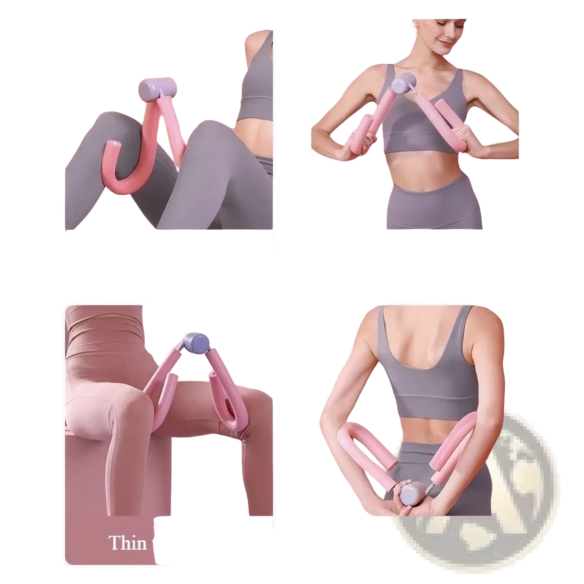 Inner thigh and pelvic floor leg trainer in pink and gray plastic with curved handles for targeted leg slimming exercises