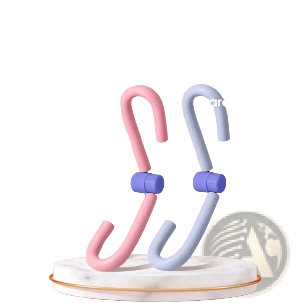 Inner thigh and pelvic floor leg trainer with pink and light blue silicone resistance bands and purple central connectors designed for leg exercises