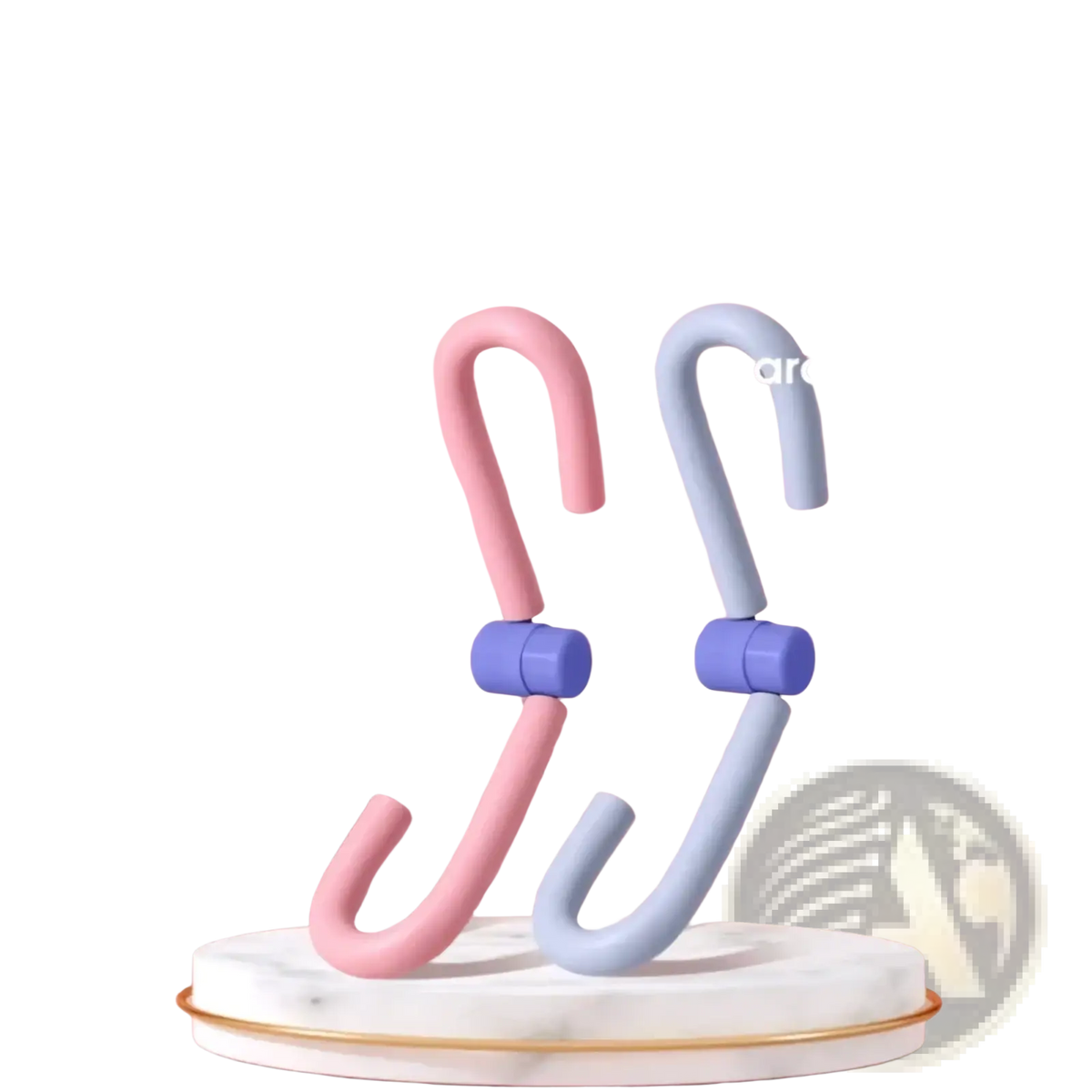Inner thigh and pelvic floor leg trainer with pink and light blue silicone resistance bands and purple central connectors designed for leg exercises