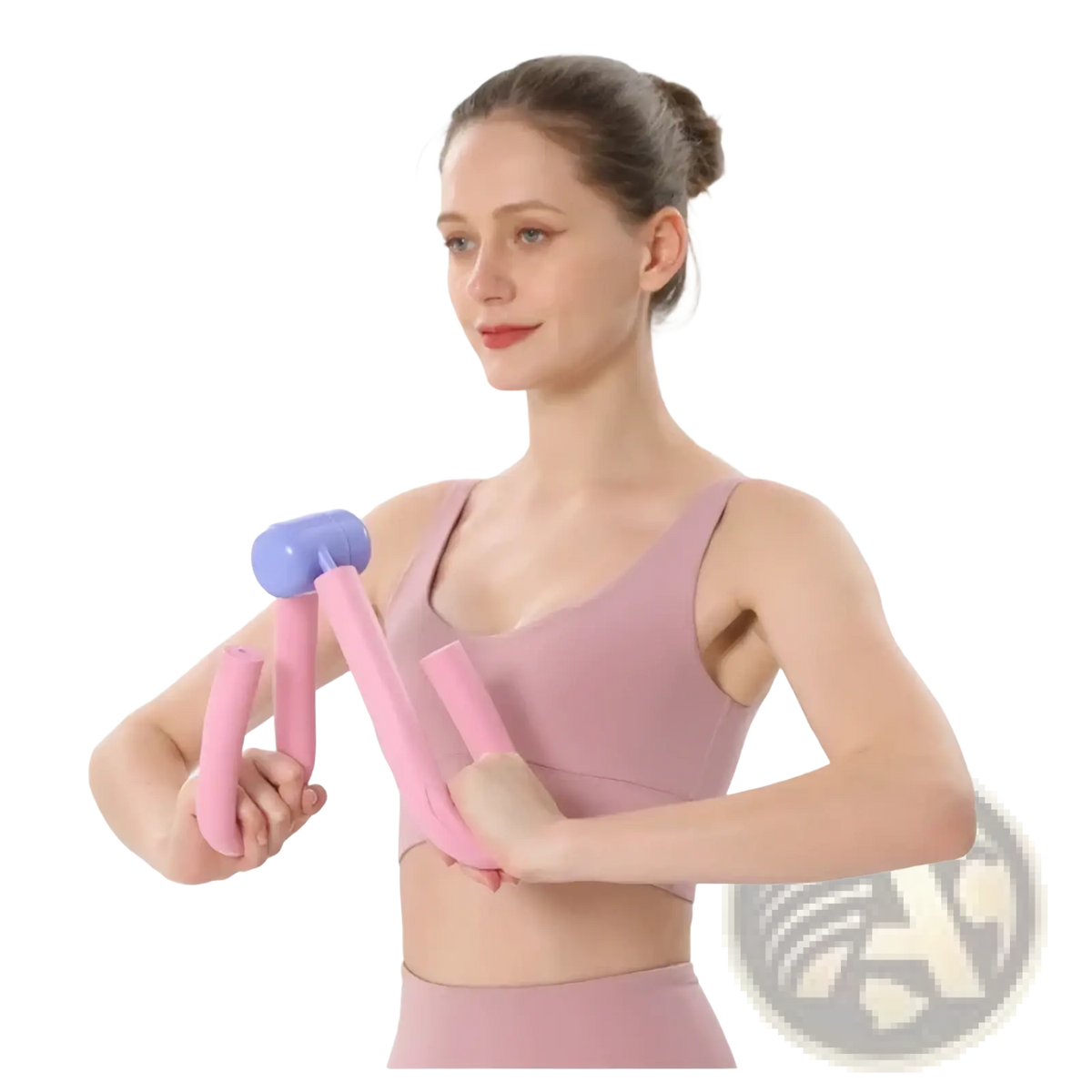 Pink and purple plastic inner thigh and pelvic floor leg trainer with ergonomic handles for effective leg opening exercises