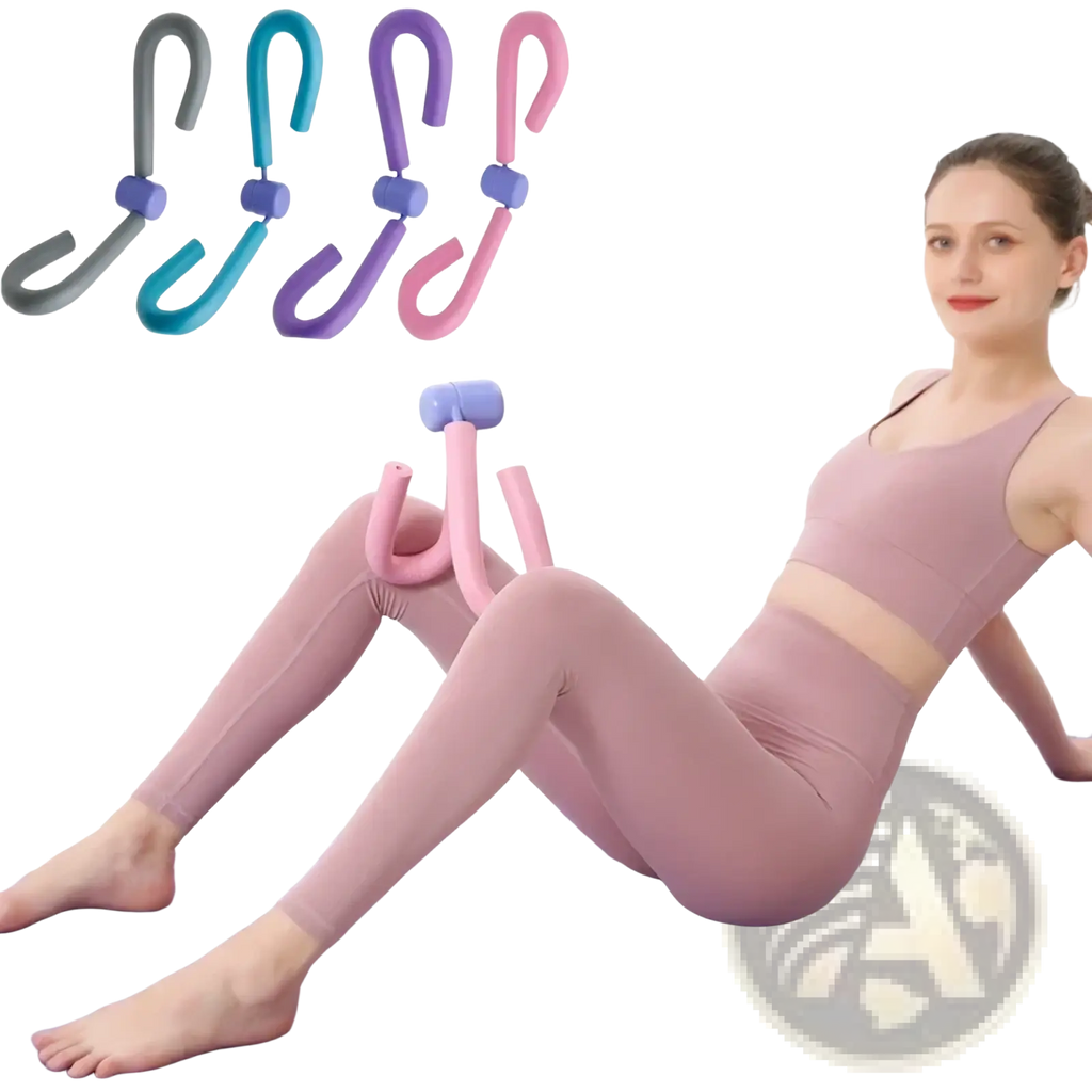 Pink silicone inner thigh and pelvic floor leg trainer with blue handle for glute and thigh exercise