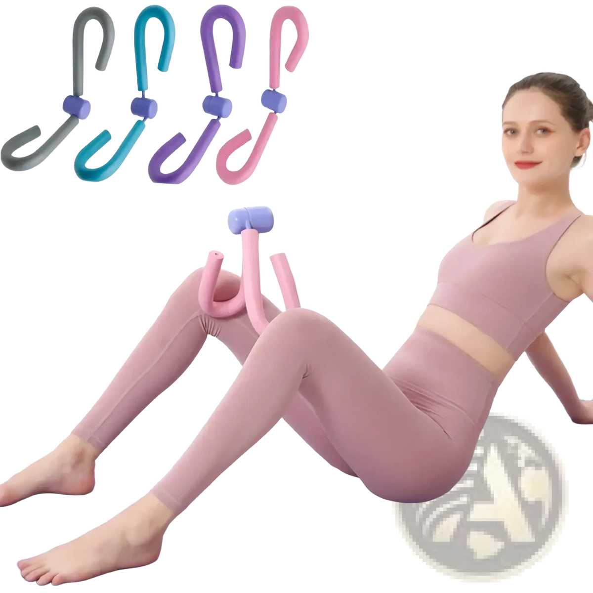 Pink silicone inner thigh and pelvic floor leg trainer with blue handle for glute and thigh exercise
