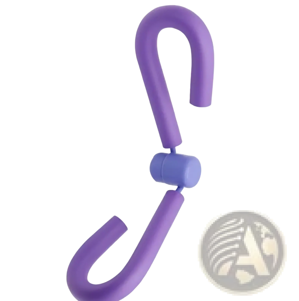 Purple foam inner thigh and pelvic floor leg trainer with curved s-shaped design and central pivot joint