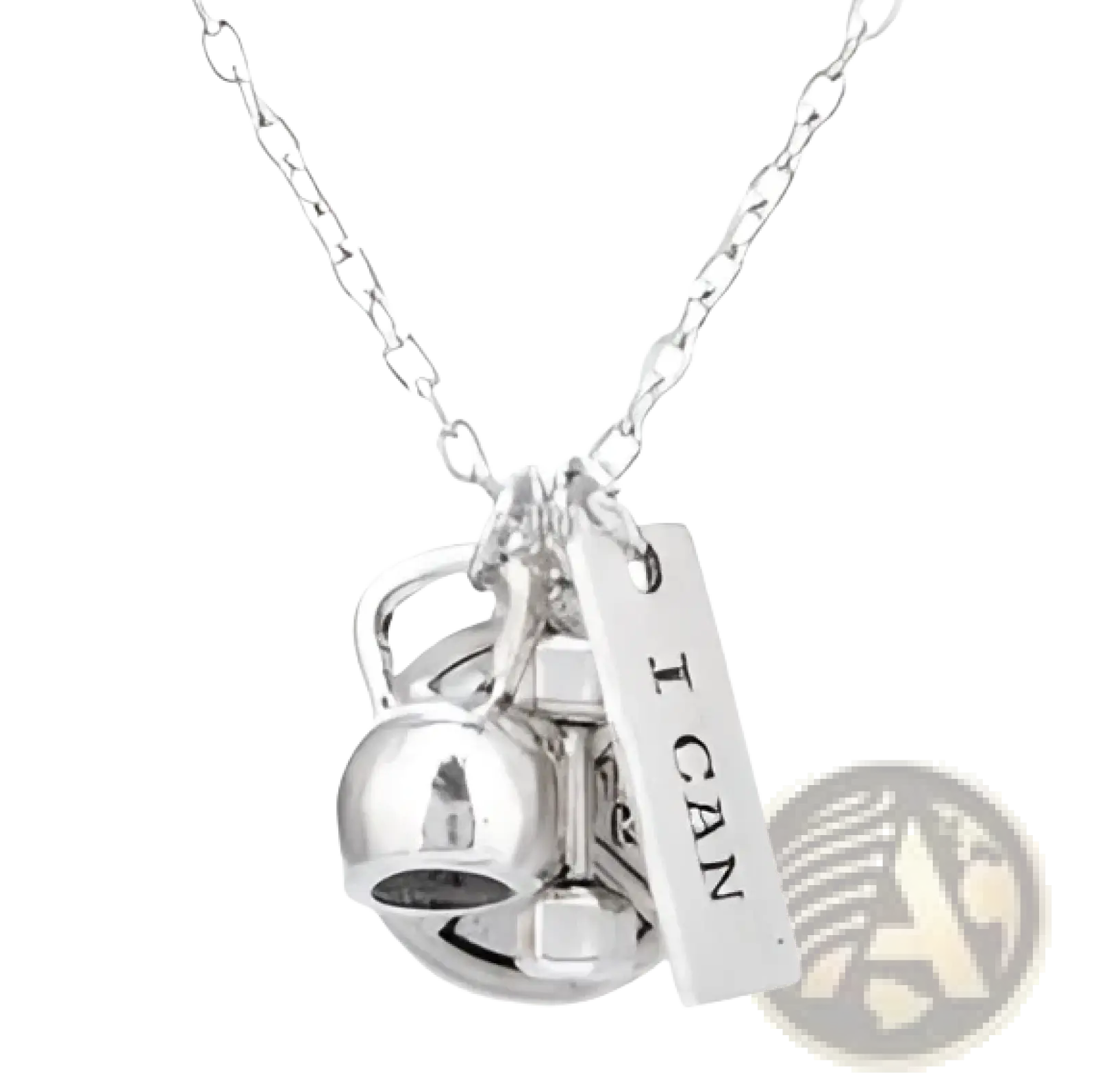 Silver-toned inspirational fitness pendant necklace with gym charms including bell kettlebell and engraved i can tag