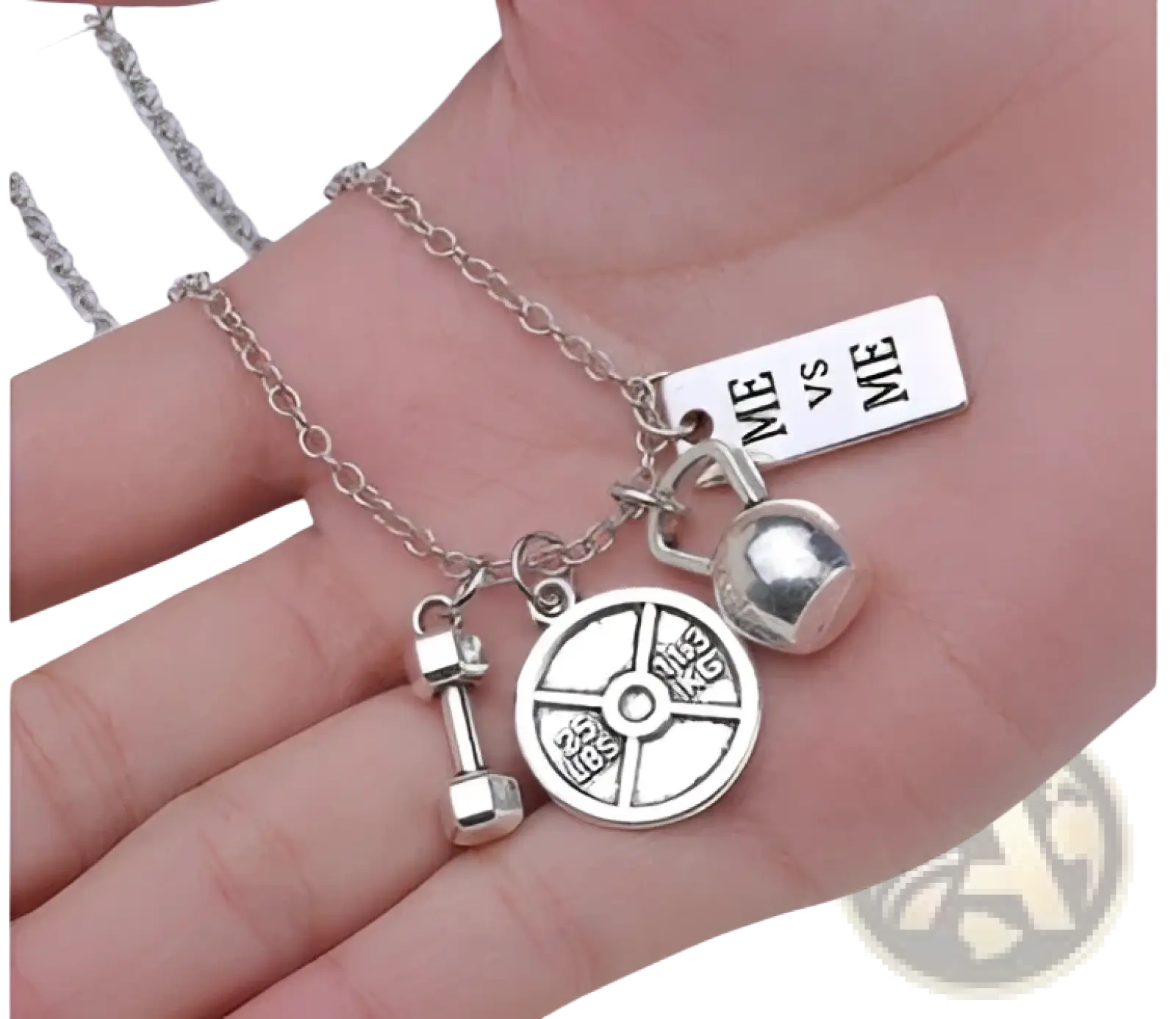 Silver-toned inspirational fitness pendant necklace with dumbbell weight plate bell charms and me vs me engraved tag