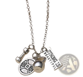 Silver-toned inspirational fitness pendant necklace with gym charms including dumbbell weight plate kettlebell and engraved charm