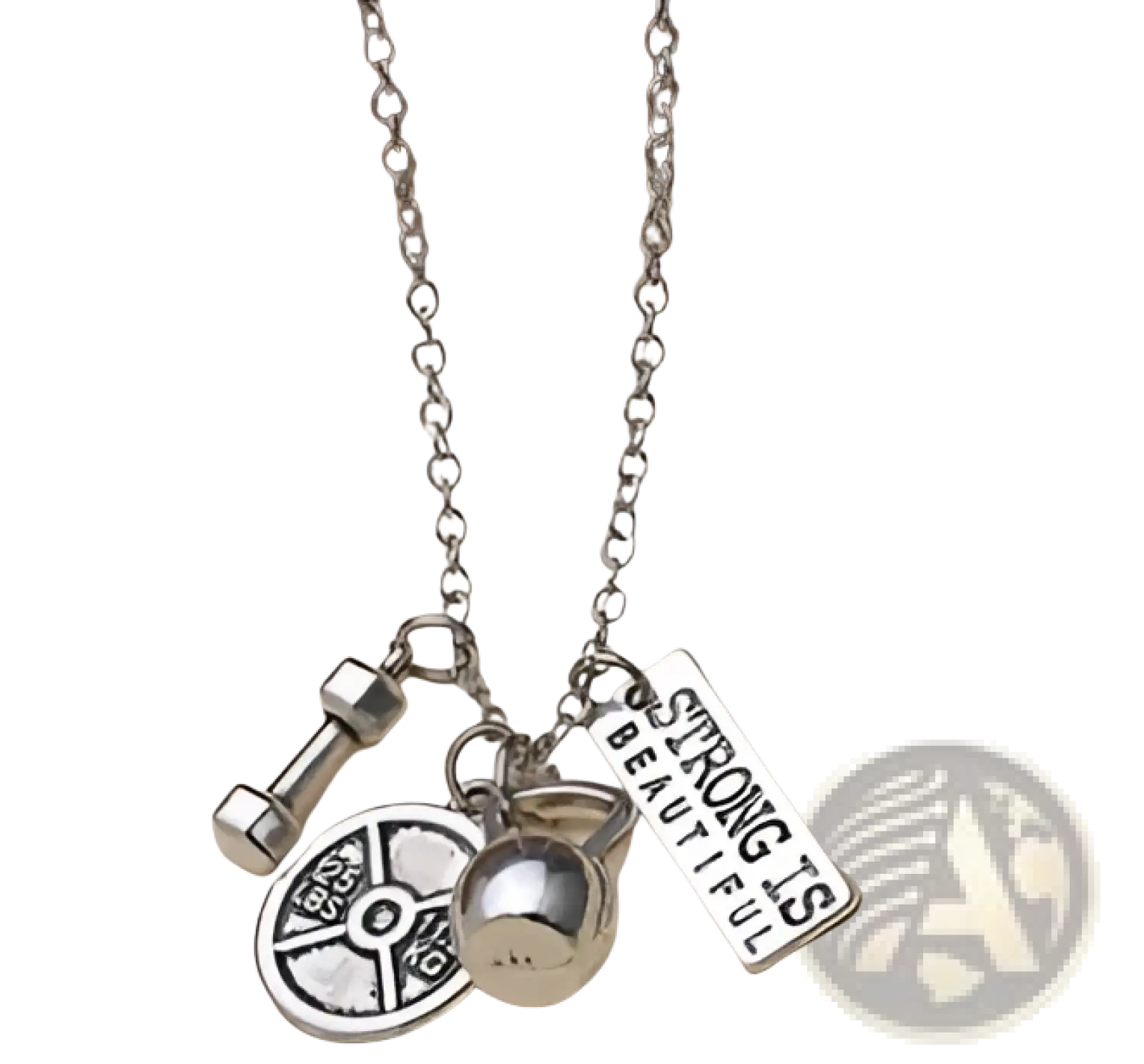 Silver-toned inspirational fitness pendant necklace with gym charms including dumbbell weight plate kettlebell and engraved charm