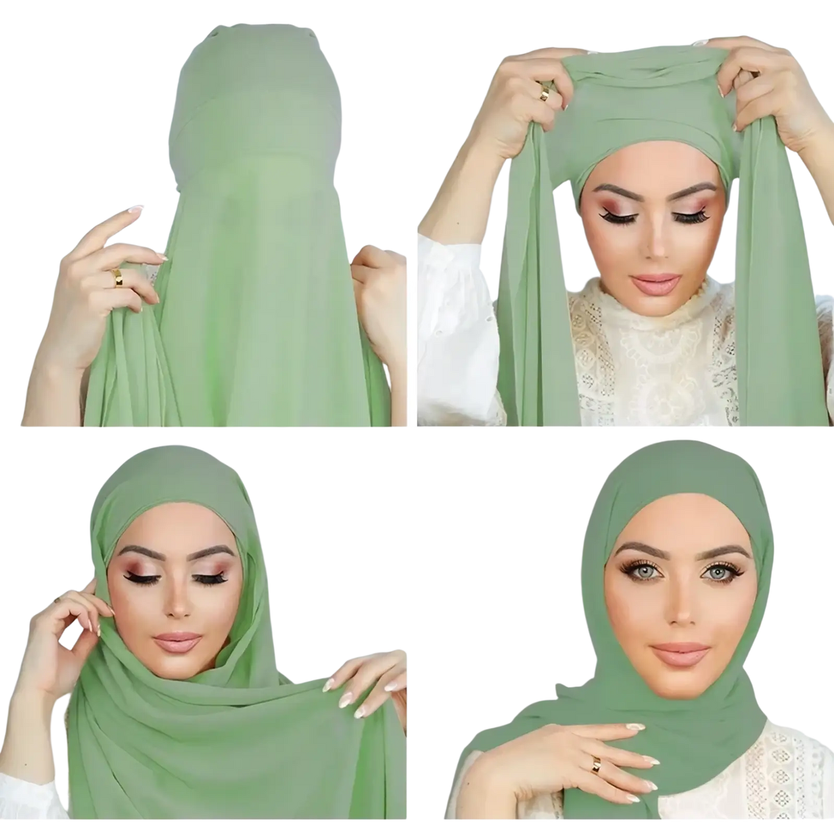 Light green instant chiffon hijab with cap bonnet made of soft fabric shown from the front side