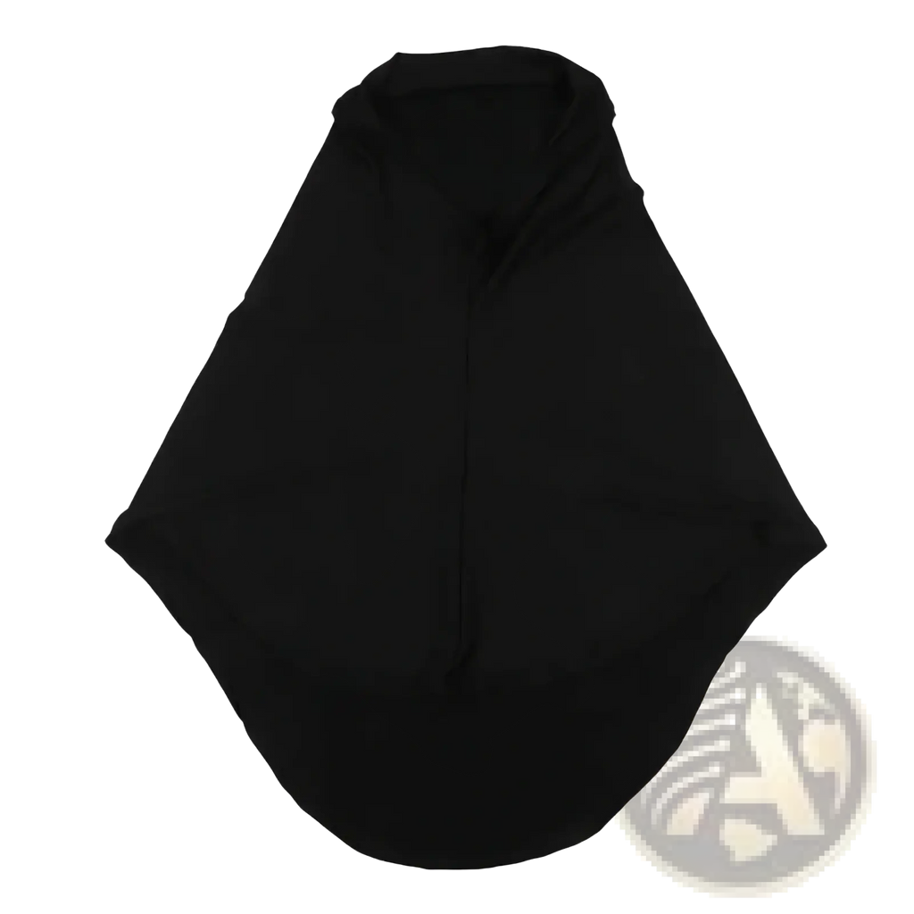 Black soft fabric hooded cape shown from back as instant full cover hijab bonnet shawl for easy wear and coverage