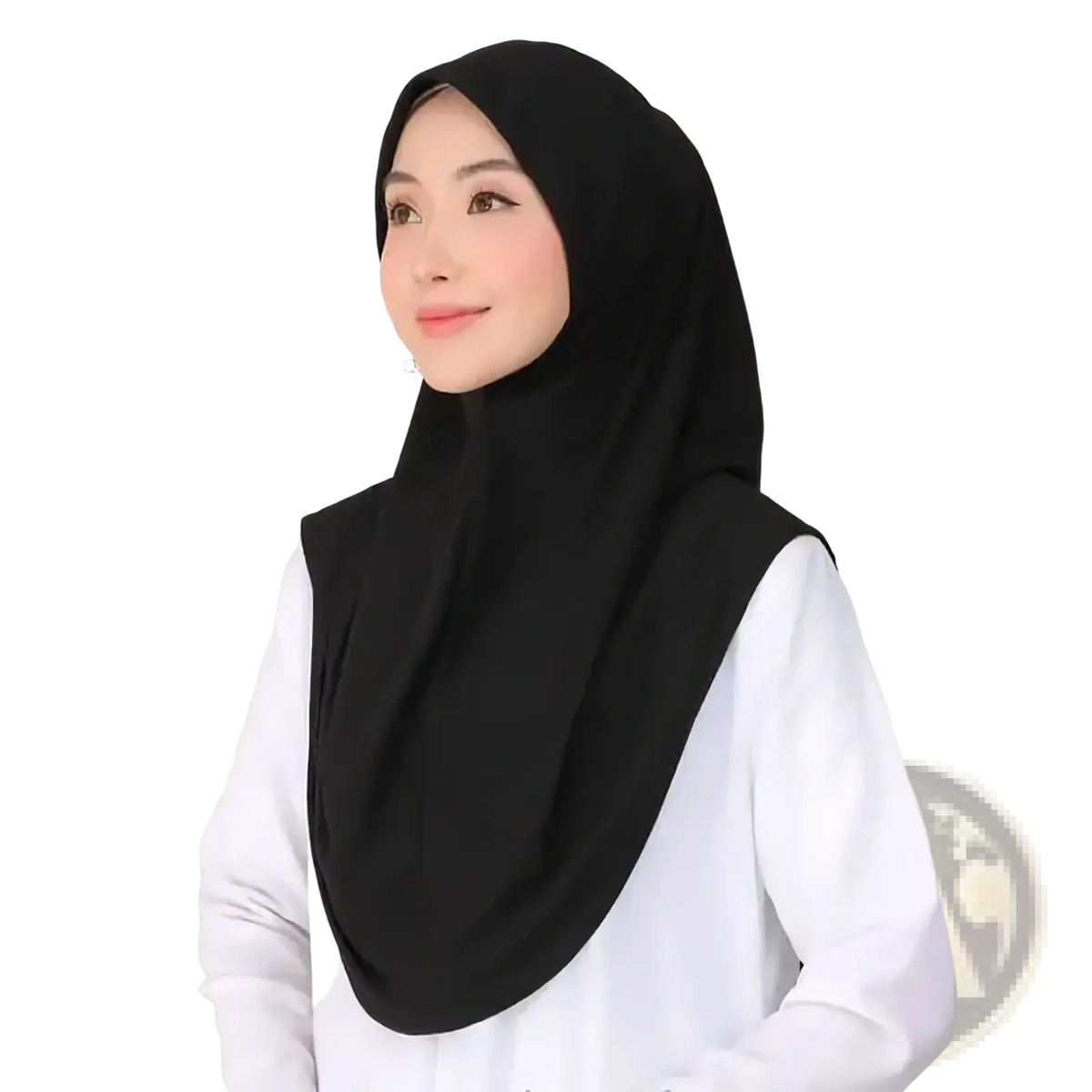 Black soft-textured instant full cover hijab bonnet shawl worn by a woman covering head and neck fully