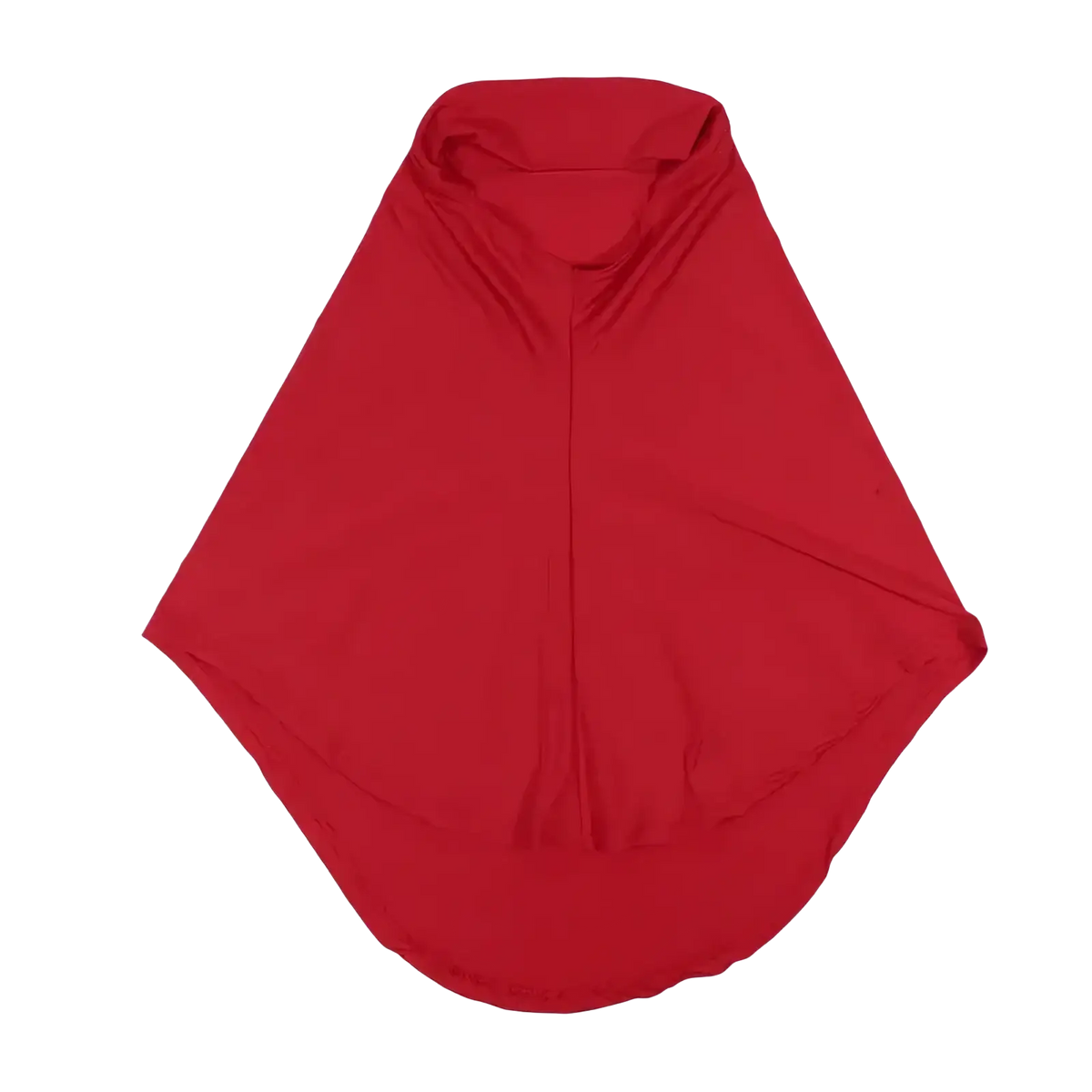 A vibrant red soft textured instant full cover hijab bonnet shawl cape with a high collar and flowing drape