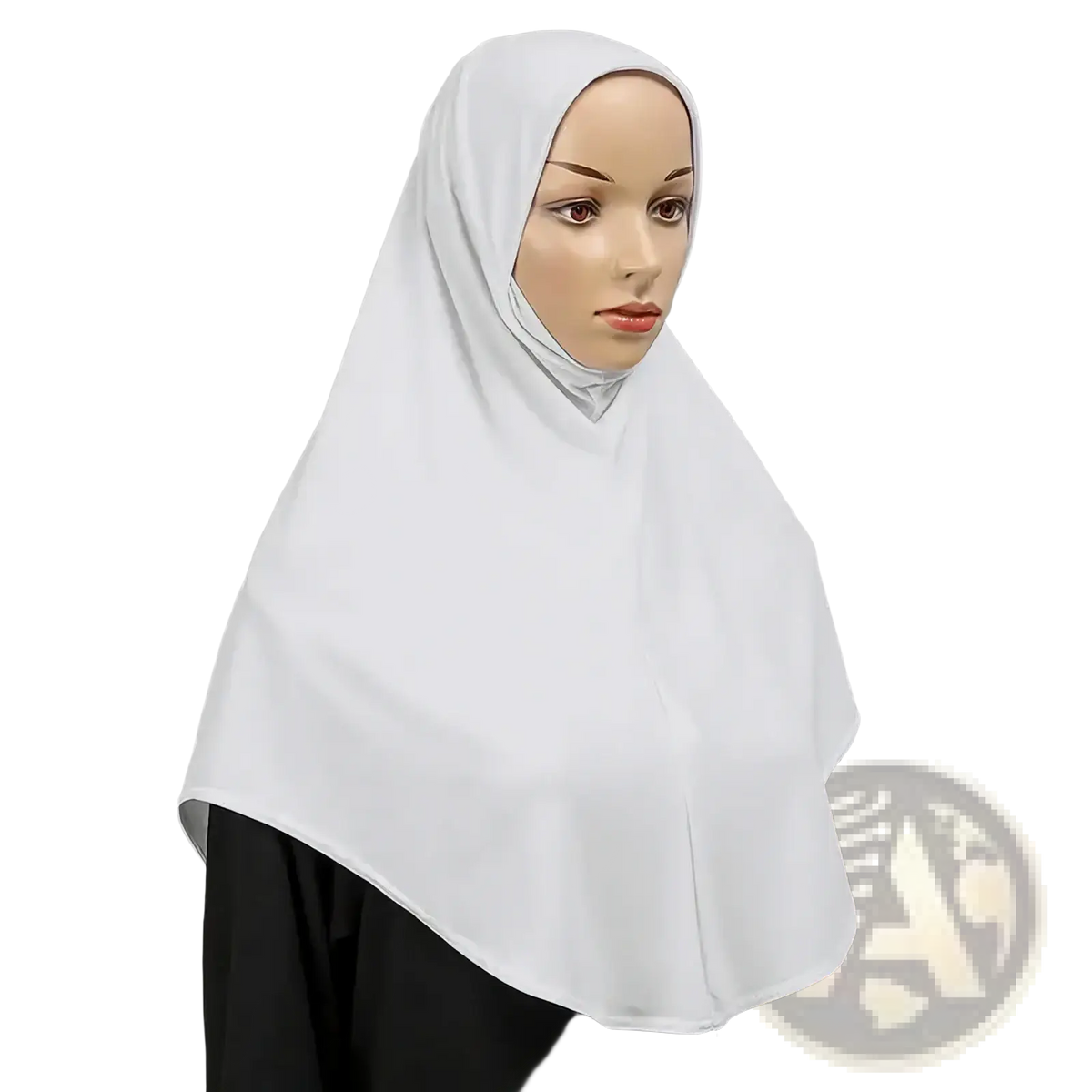 White lightweight instant full cover hijab bonnet shawl with smooth flowing fabric draping elegantly over head and shoulders