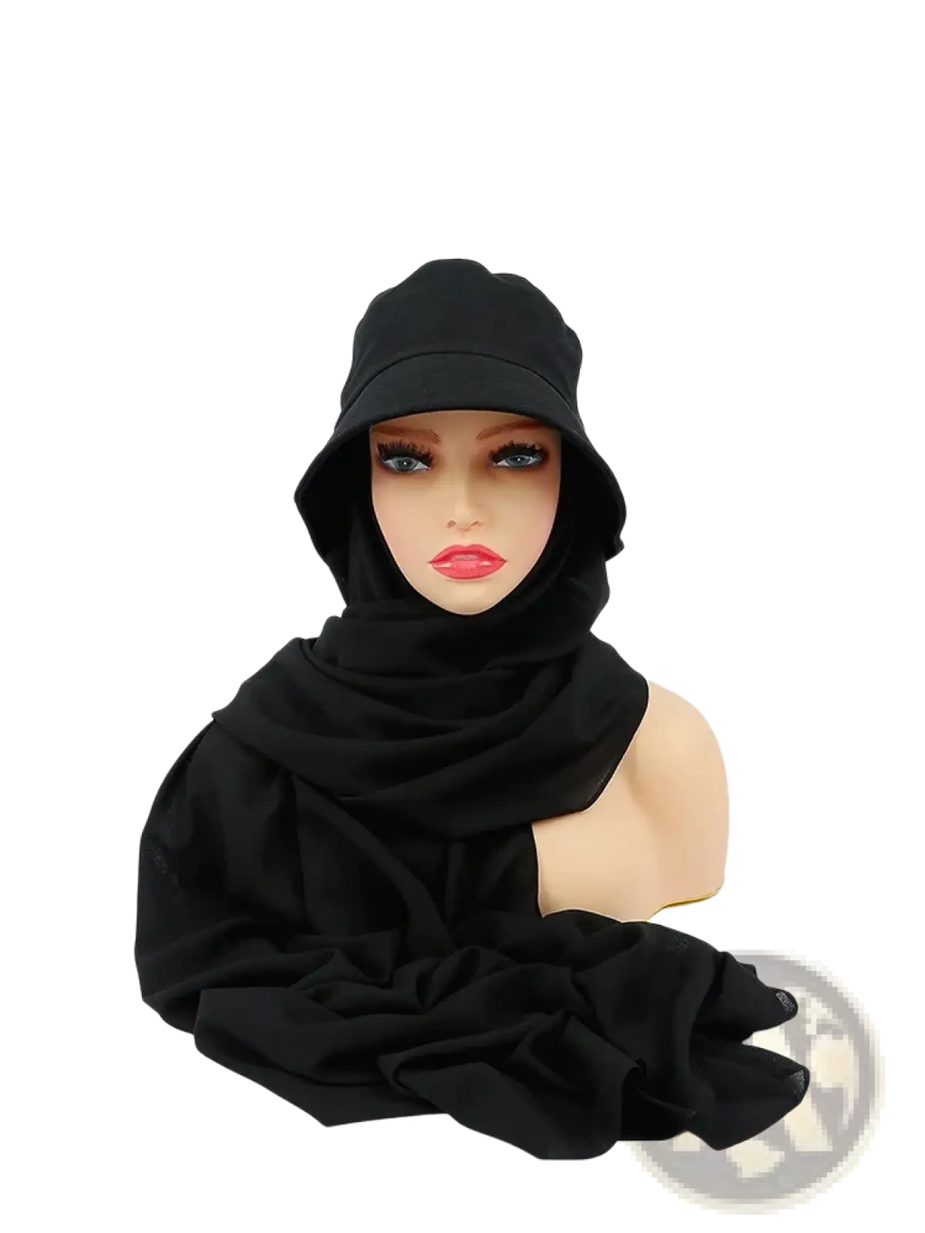 Black instant hijab bucket hat with attached hood and soft flowing chiffon scarf for comfortable wear