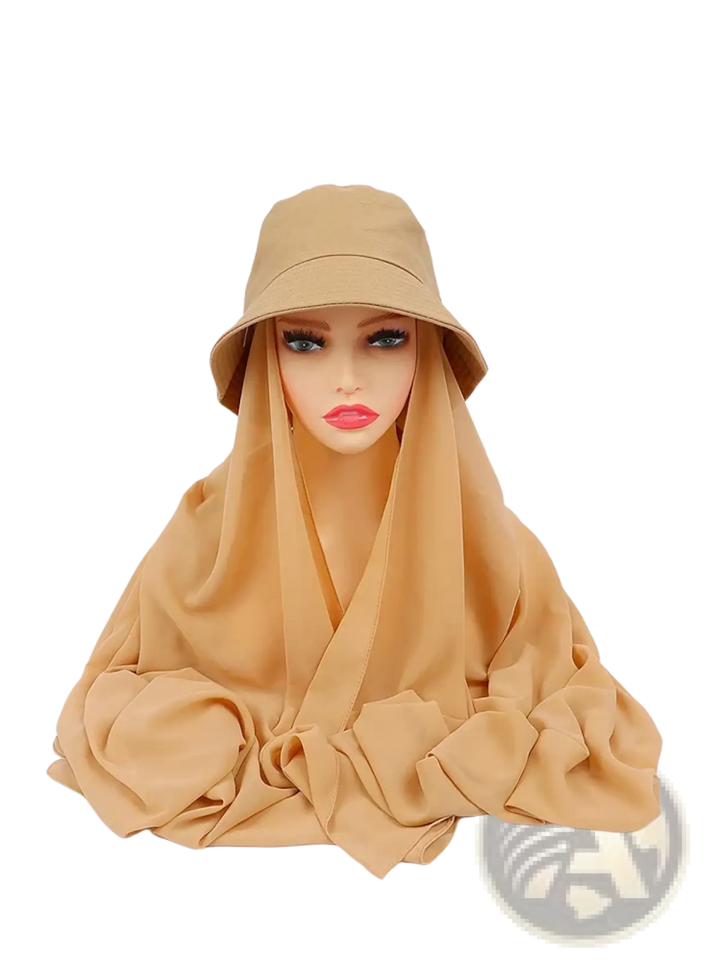 Beige instant hijab bucket hat with matching flowing chiffon scarf displayed on a mannequin head