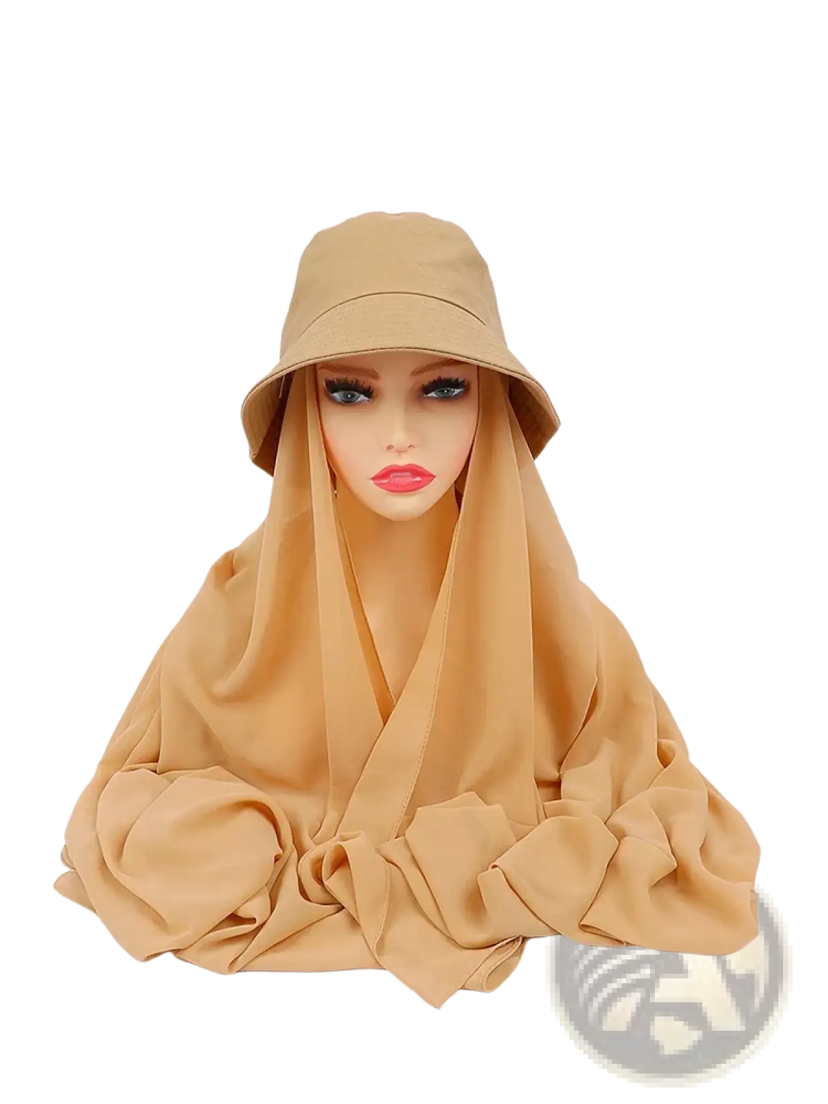 Beige instant hijab bucket hat with matching flowing chiffon scarf displayed on a mannequin head