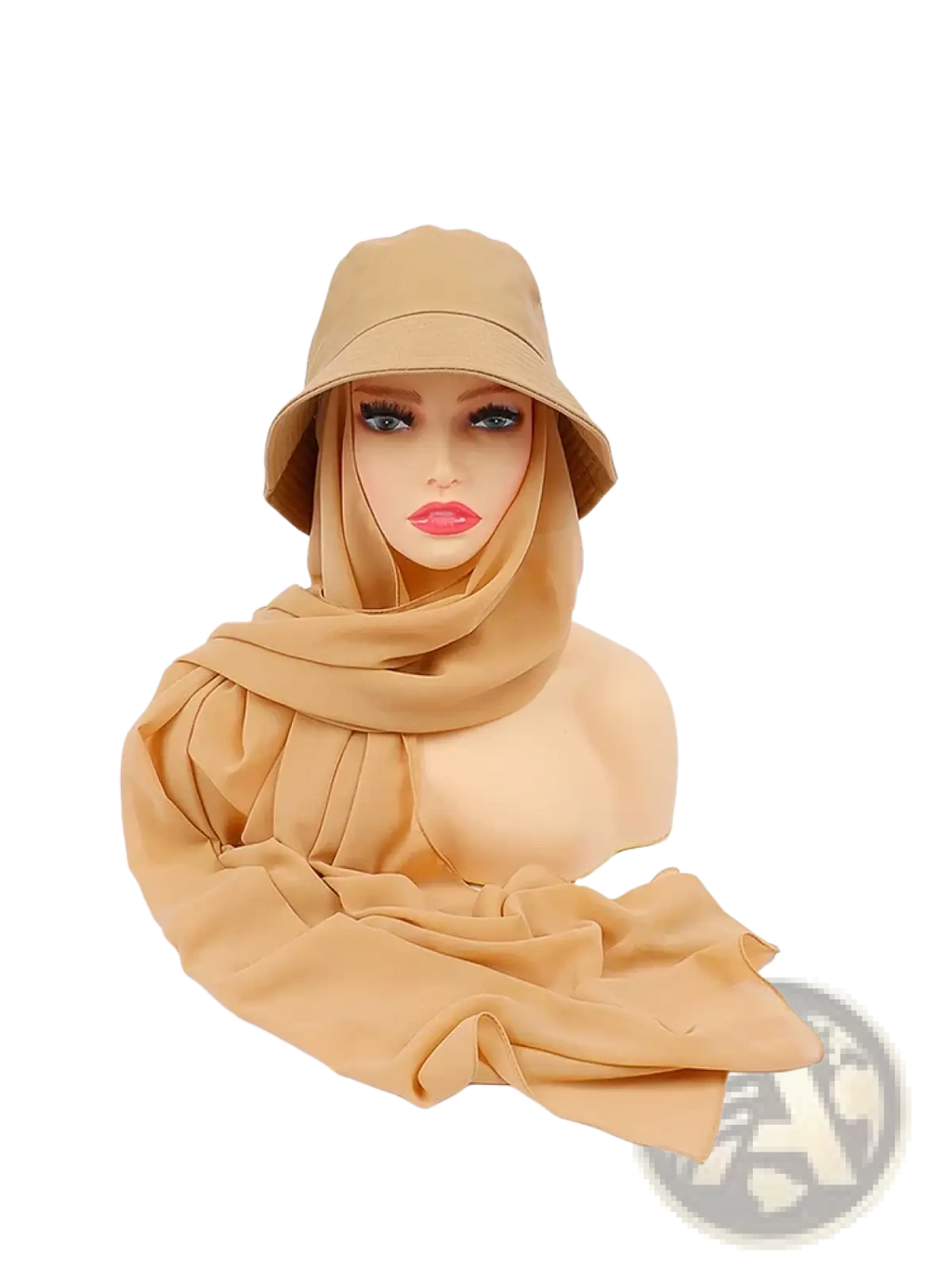 Beige bucket hat with matching chiffon hijab made from soft flowing fabric from instant hijab bucket hat collection