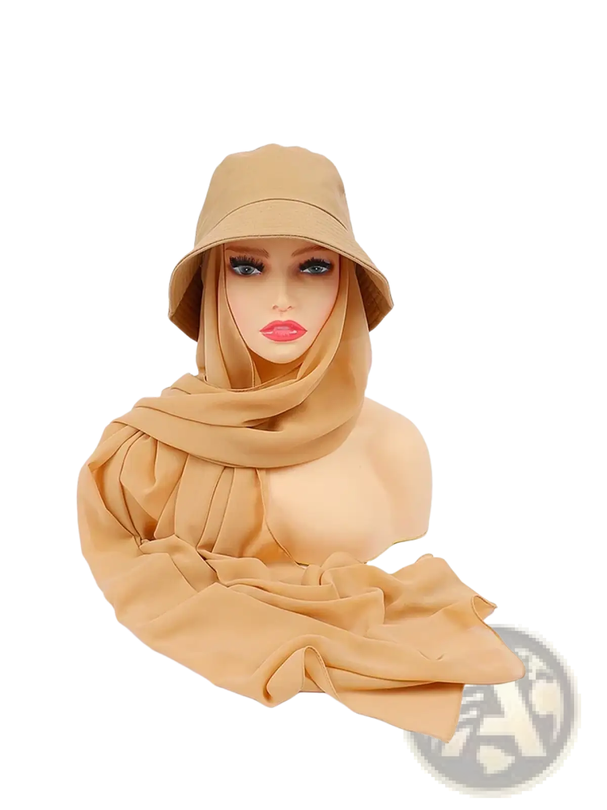 Beige bucket hat with matching chiffon hijab made from soft flowing fabric from instant hijab bucket hat collection