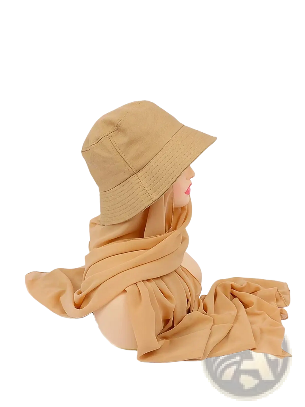 Beige instant hijab bucket hat with chiffon scarf made of soft textured fabric and subtle stitching along the brim