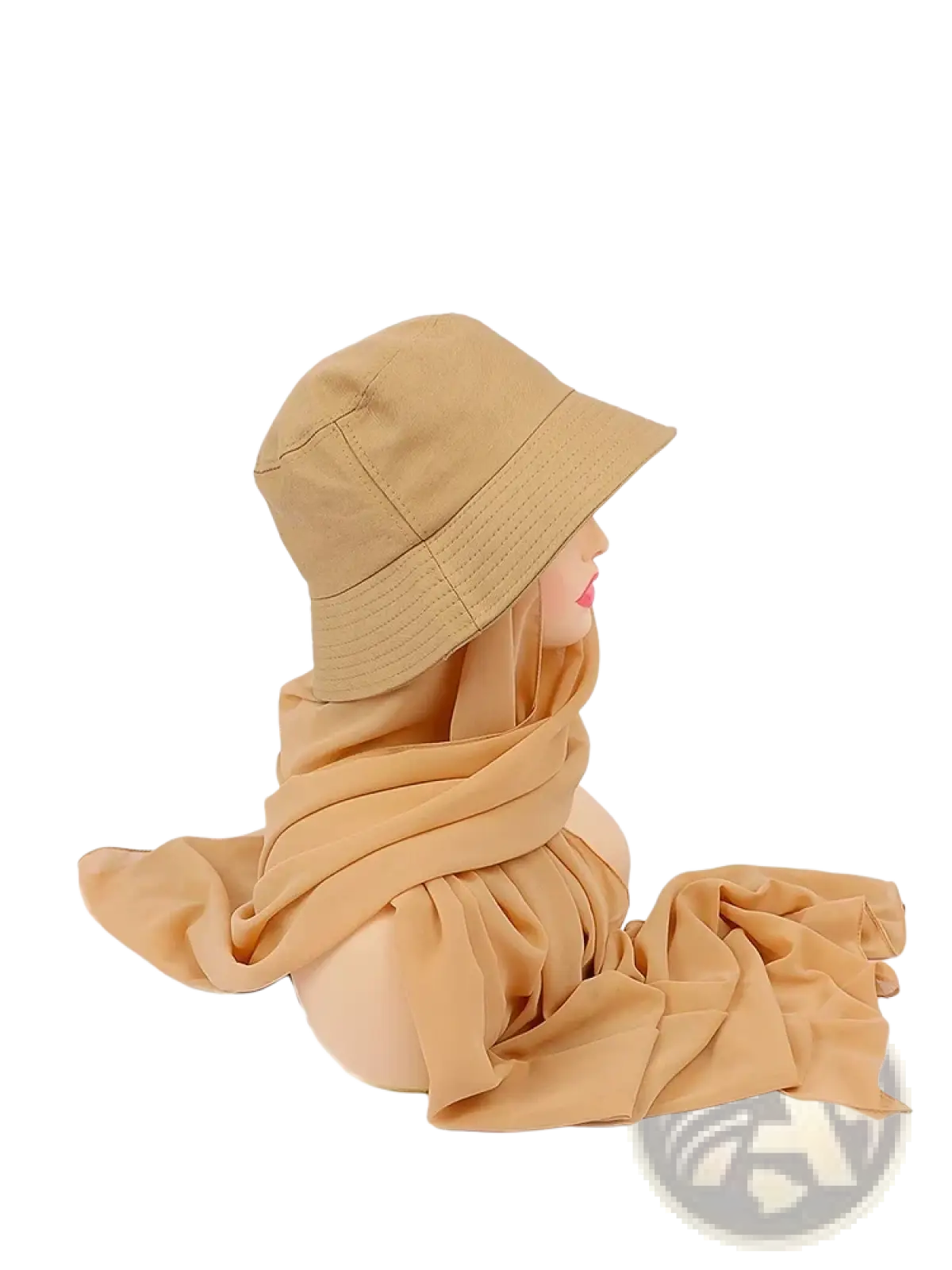 Beige instant hijab bucket hat with chiffon scarf made of soft textured fabric and subtle stitching along the brim