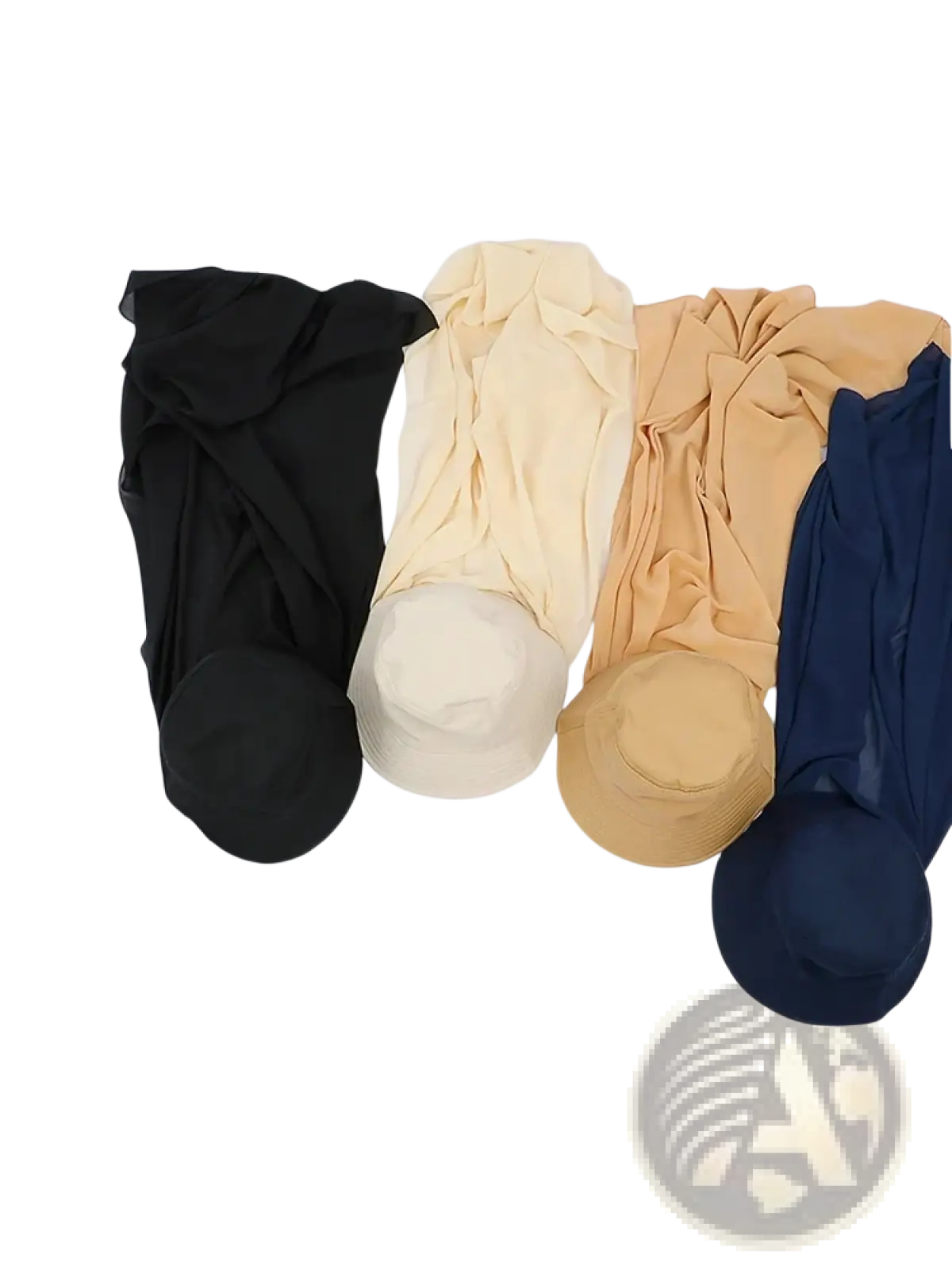 A collection of instant hijab bucket hats with matching chiffon scarves in white black beige tan and navy blue colors