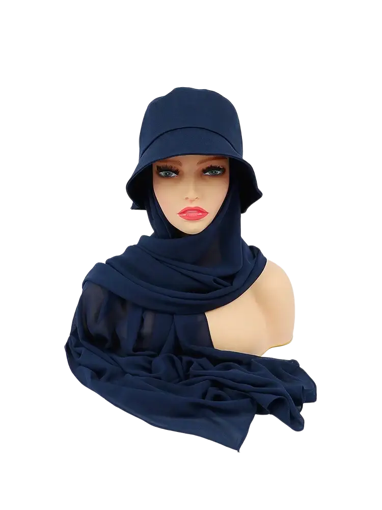 Navy blue instant hijab bucket hat with chiffon scarf made from fabric displayed on mannequin front side